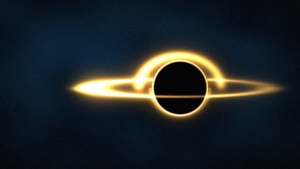 Un buco nero con il disco di luce ambra curvato dalla gravità: l'orizzonte degli eventi